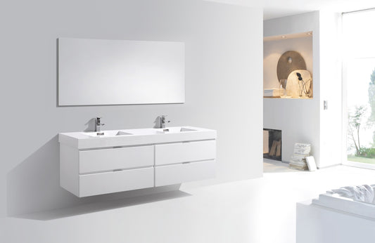 Bliss 71" High Gloss White Wall Mount Double Sink Modern Bathroom Vanity