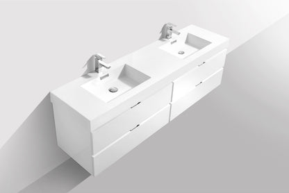 Bliss 71" High Gloss White Wall Mount Double Sink Modern Bathroom Vanity
