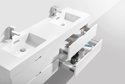 Bliss 71" High Gloss White Wall Mount Double Sink Modern Bathroom Vanity