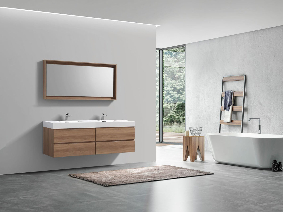 Bliss 71" Honey Oak Wood Wall Mount Double Sink Modern Bathroom Vanity- Restock ETA Late Oct