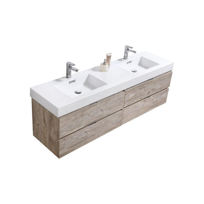 Bliss 71" Nature Wood Wall Mount Double Sink Modern Bathroom Vanity
