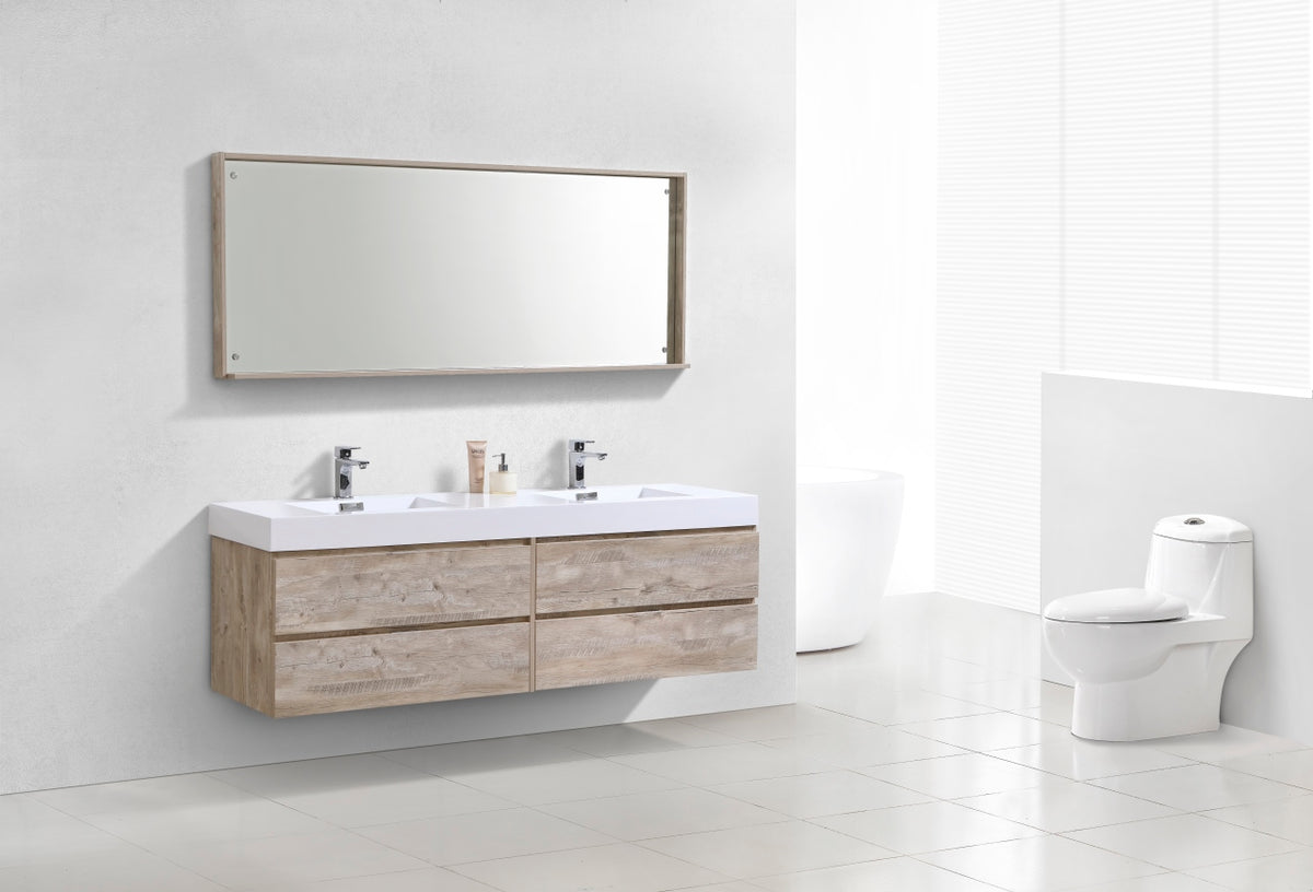 Bliss 71" Nature Wood Wall Mount Double Sink Modern Bathroom Vanity