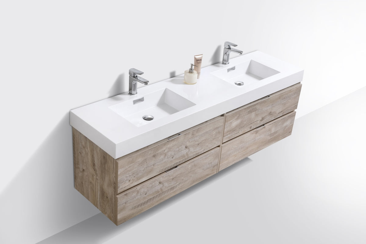 Bliss 71" Nature Wood Wall Mount Double Sink Modern Bathroom Vanity