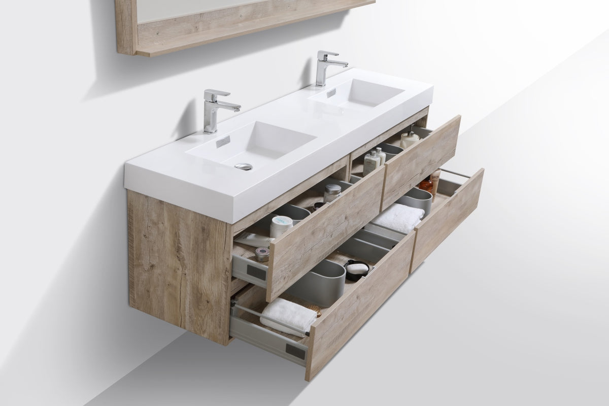 Bliss 71" Nature Wood Wall Mount Double Sink Modern Bathroom Vanity