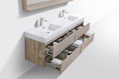Bliss 71" Nature Wood Wall Mount Double Sink Modern Bathroom Vanity