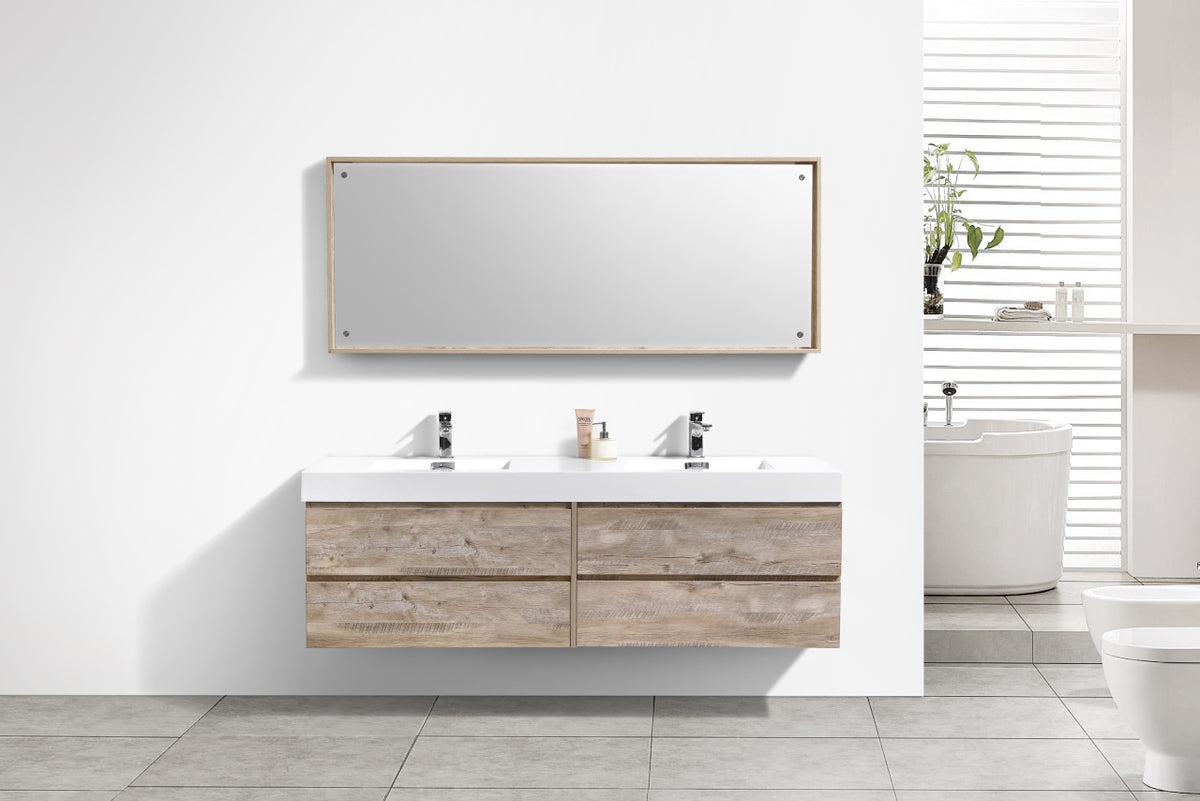 Bliss 71" Nature Wood Wall Mount Double Sink Modern Bathroom Vanity
