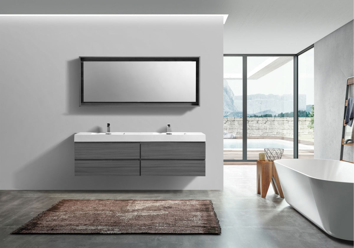 Bliss 71" Vulcan Ash Grey Wood Wall Mount Double Sink Modern Bathroom Vanity