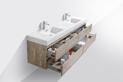 Bliss 80" Nature Wood Wall-Mount Double Sink Modern Bathroom Vanity