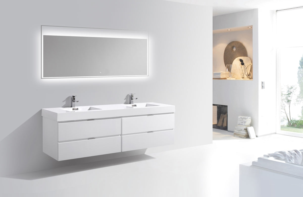 Bliss 80" High Gloss White Wall-Mount Double Sink Bathroom Vanity