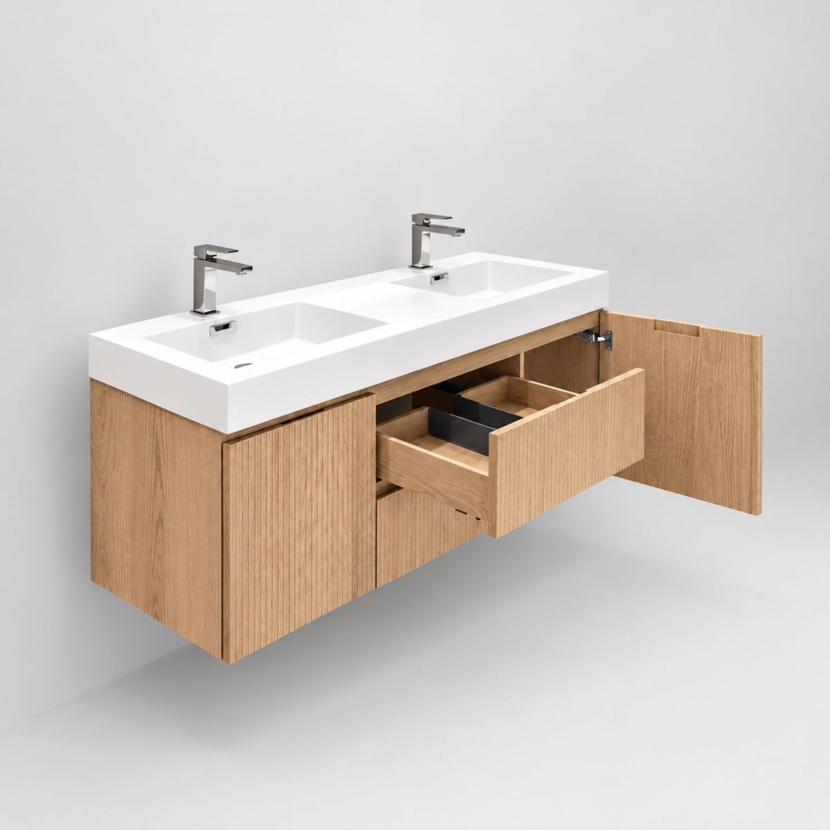 Bliss 60" Fluted Oakwood Double Sink Wall Mount Vanity - Restock ETA Late Oct
