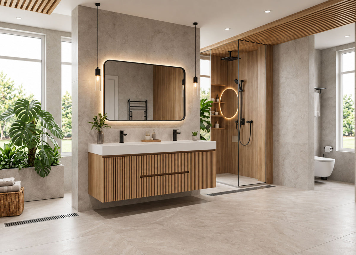 Bliss 60" Fluted Oakwood Double Sink Wall Mount Vanity - Restock ETA Late Oct