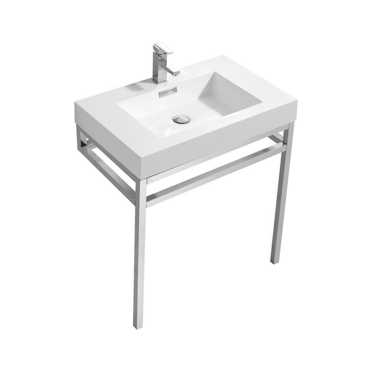 A white acrylic sink with a stainless steel console in chrome finish, featuring a modern design with the sink placed on top of the console.