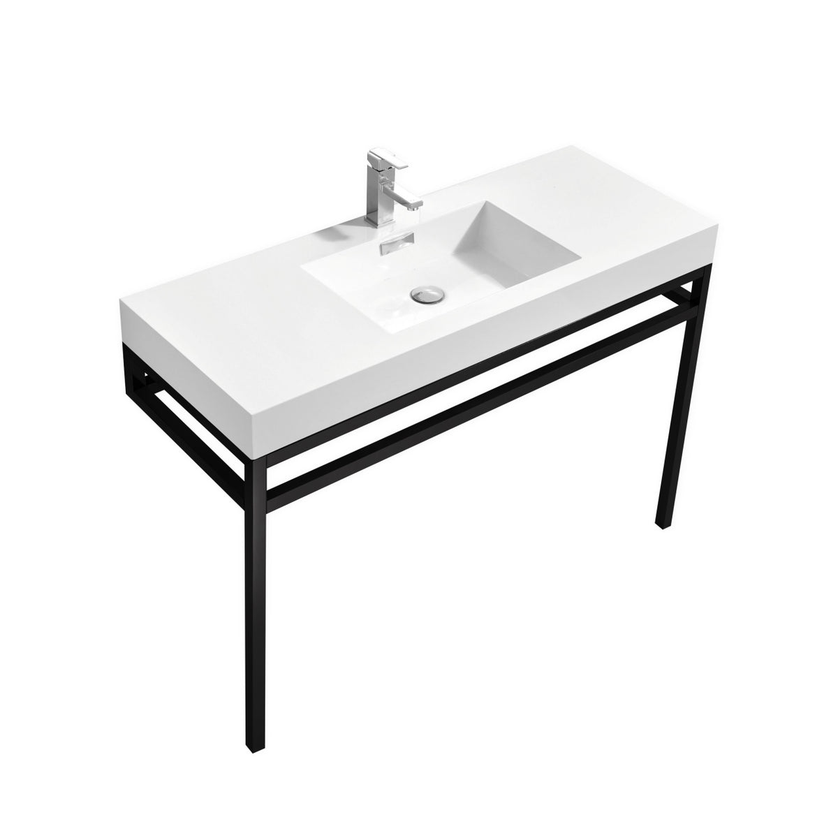 A matte black stainless steel console with a white acrylic sink, featuring a minimalist design with the console vanity being compact and modern.