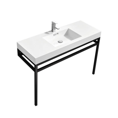 A matte black stainless steel console with a white acrylic sink, featuring a minimalist design with the console vanity being compact and modern.