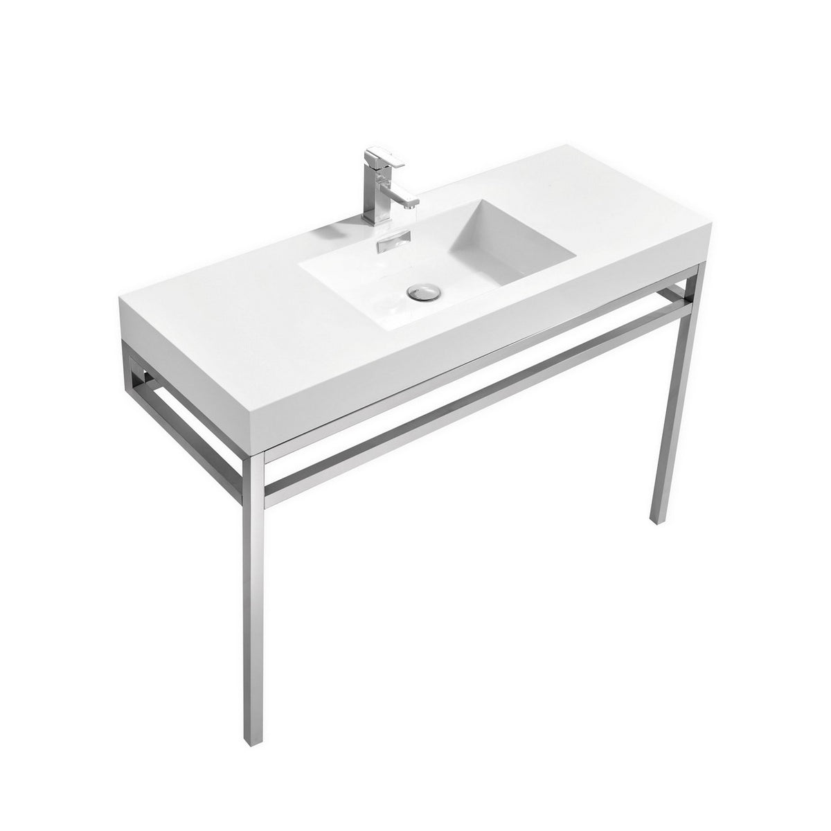A white acrylic sink with a chrome finish stainless steel console and chrome cover overflow, placed on a white background.