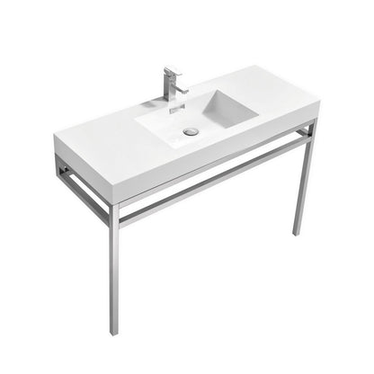 A white acrylic sink with a chrome finish stainless steel console and chrome cover overflow, placed on a white background.