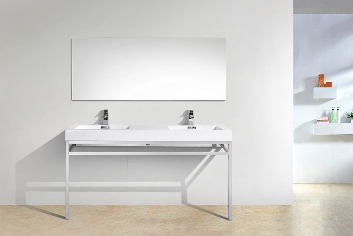 Haus 60" Double Sink Stainless Steel Console w/ White Acrylic Sink Chrome