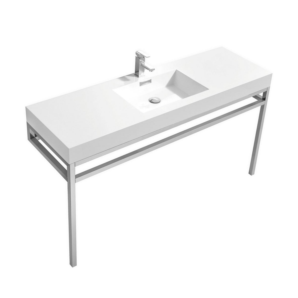 A white acrylic sink with a stainless steel console base, featuring a rectangular chrome cover for the overflow.