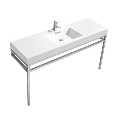 A white acrylic sink with a stainless steel console base, featuring a rectangular chrome cover for the overflow.