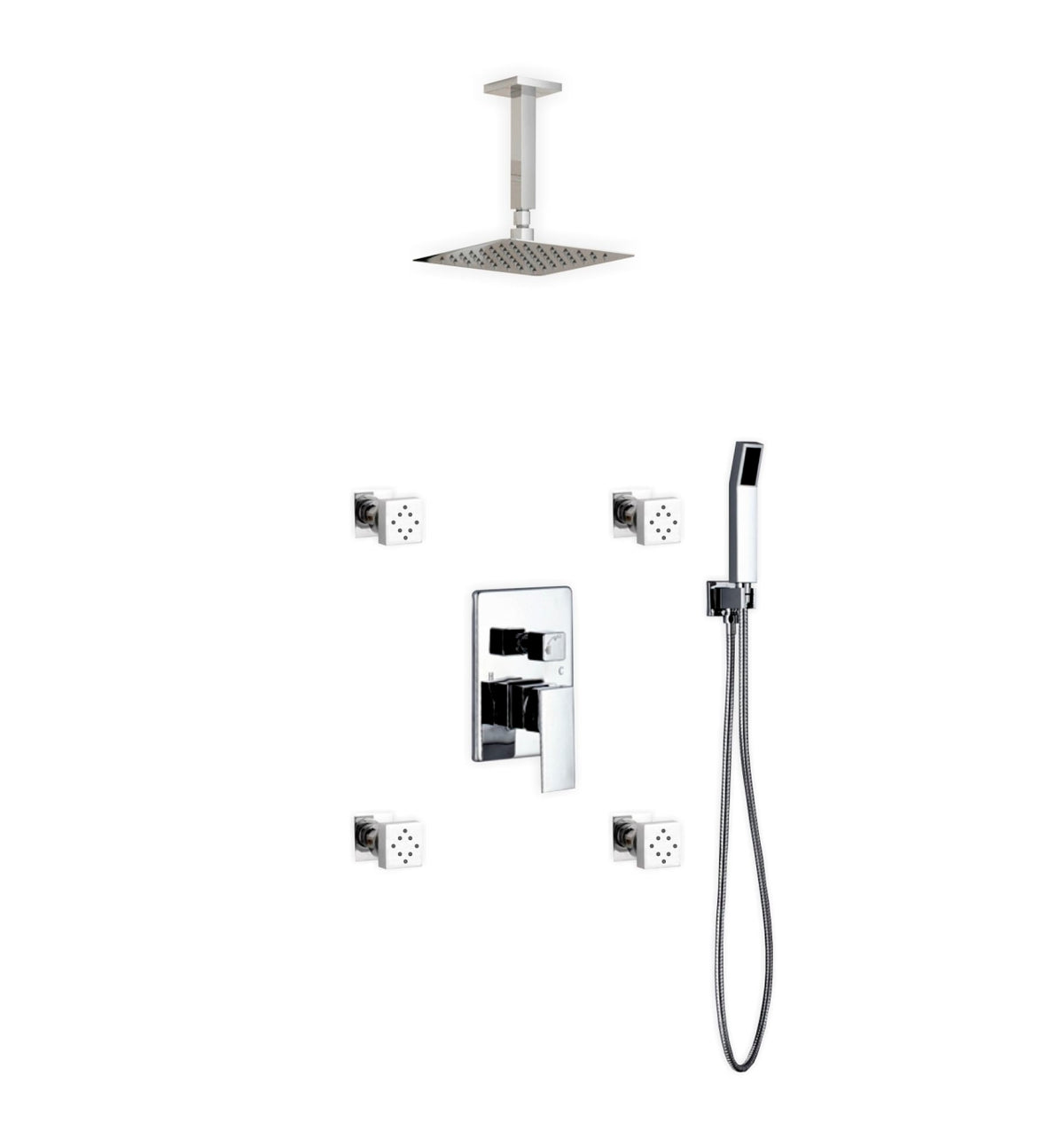 Aqua Piazza Shower Set w/ 8" Ceiling Mount Square Rain Shower, Handheld and 4 Body Jets