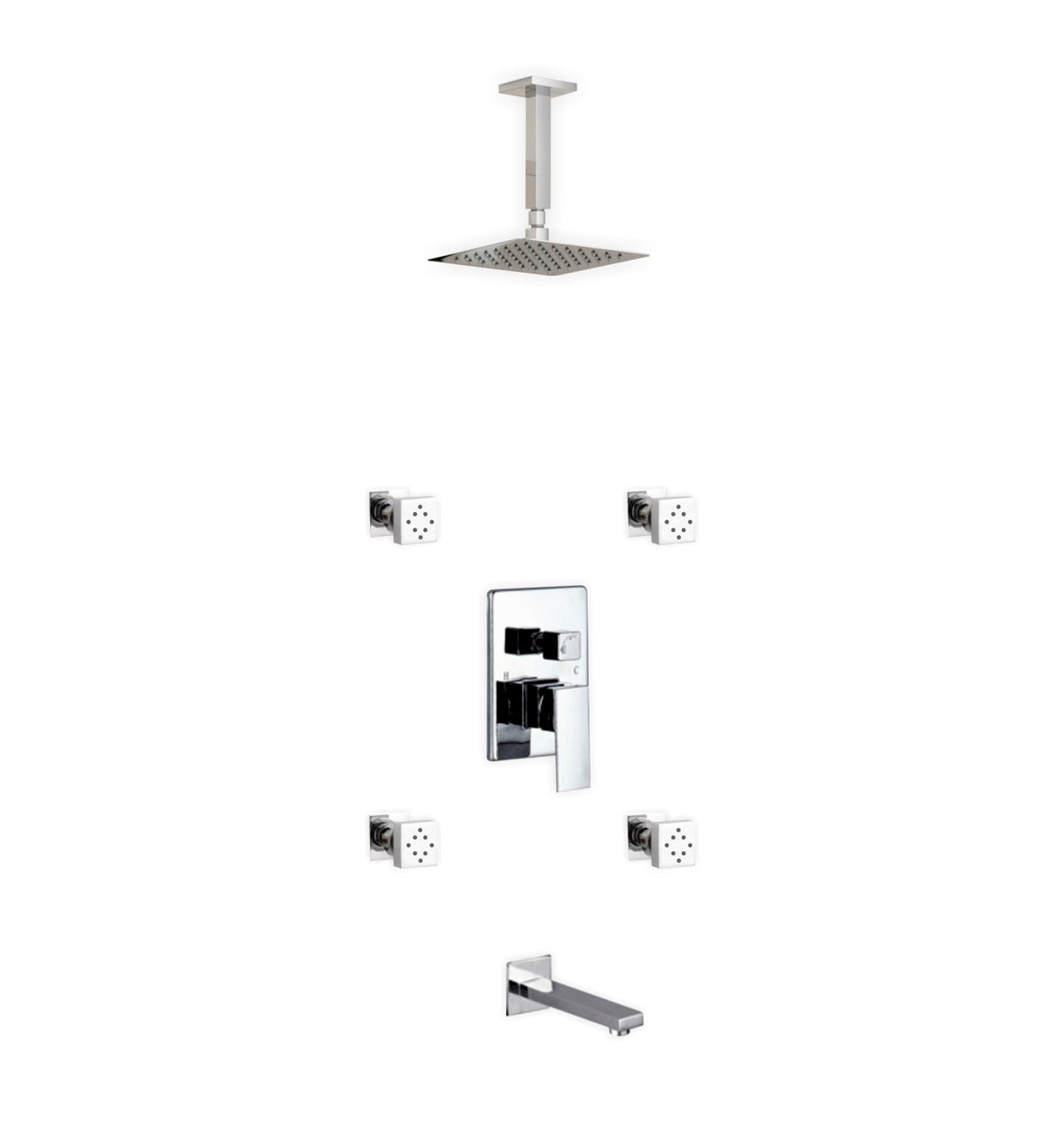 Aqua Piazza Shower Set w/ 8" Ceiling Mount Square Rain Shower, Tub Filler and 4 Body Jets