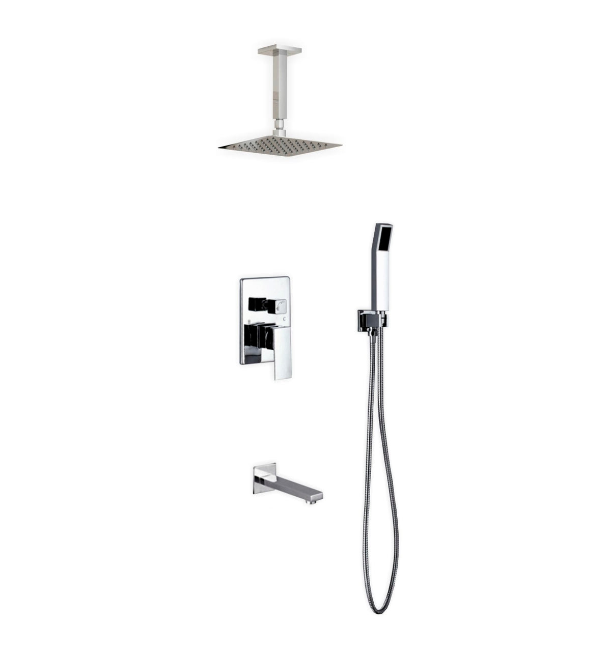 Aqua Piazza Chrome Brass Shower Set w/ 8" Ceiling Mount Square Rain Shower, Handheld and Tub Filler