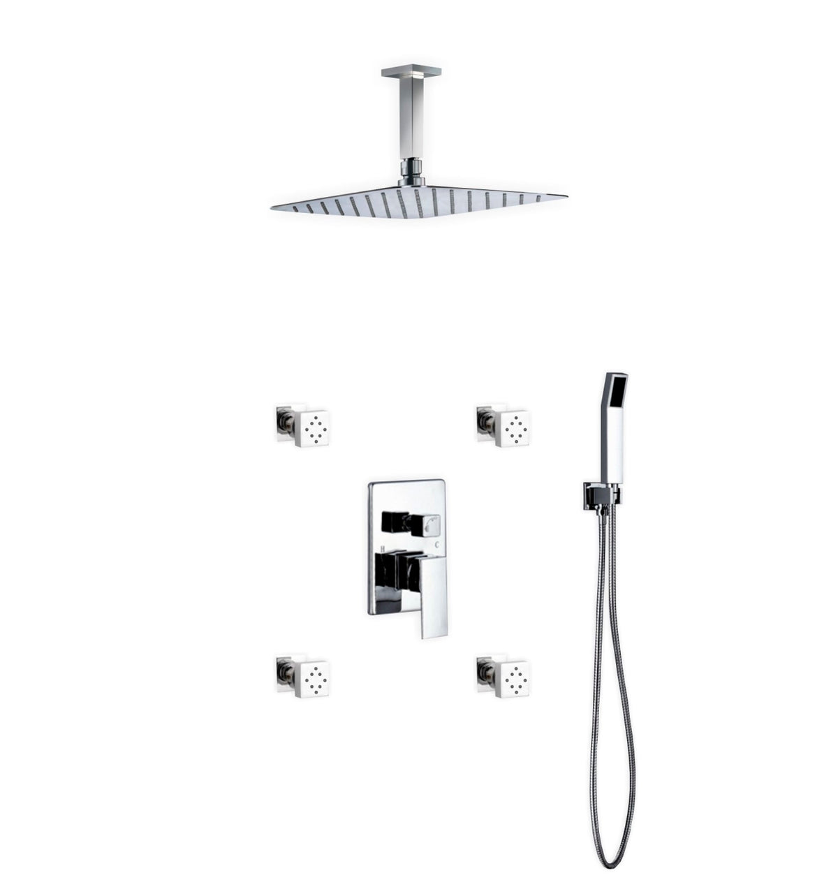 Aqua Piazza Shower Set w/ 12" Ceiling Mount Square Rain Shower, 4 Body Jets and Handheld