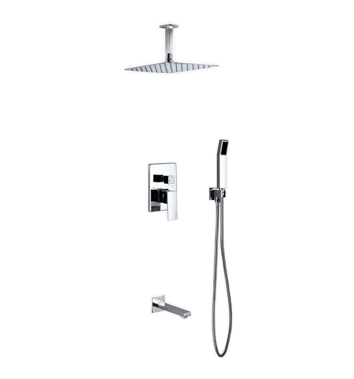 Aqua Piazza Chrome Shower Set w/ 12" Ceiling Mount Square Rain Shower, Handheld and Tub Filler