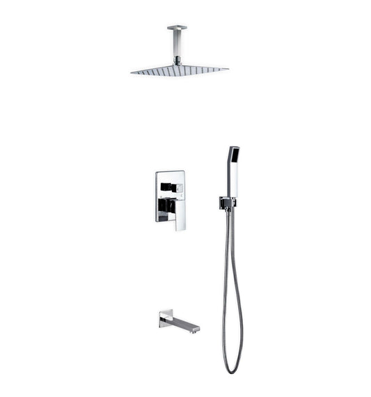 Aqua Piazza Chrome Shower Set w/ 12" Ceiling Mount Square Rain Shower, Handheld and Tub Filler