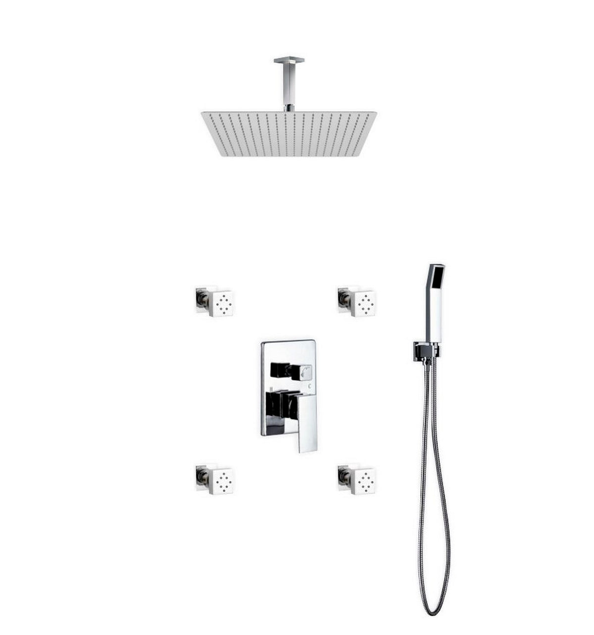 Aqua Piazza Shower Set w/ 20" Ceiling Mount Square Rain Shower, 4 Body Jets and Handheld