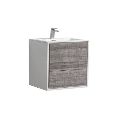 A modern wall-mounted bathroom vanity with an ash gray front and white sides, featuring two drawers and an integrated sink.