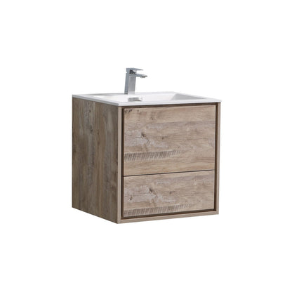 A modern wall-mounted bathroom vanity with nature wood finish and two drawers, featuring an integrated white acrylic sink with European push-open hardware.