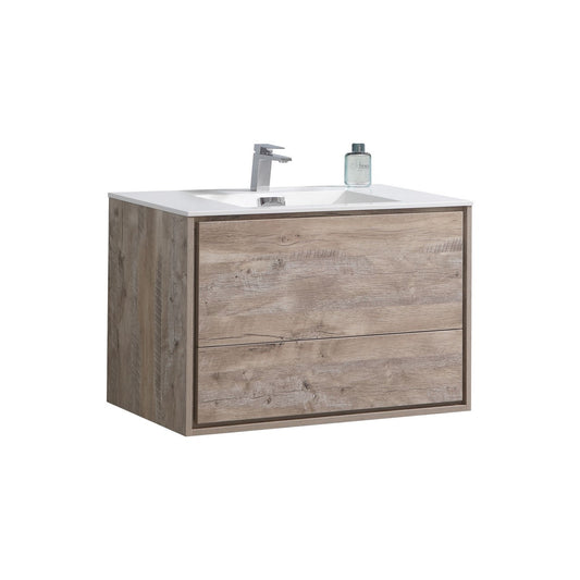 A modern wall-mounted bathroom vanity with nature wood finish and two drawers, integrated sink and faucet, fully assembled.