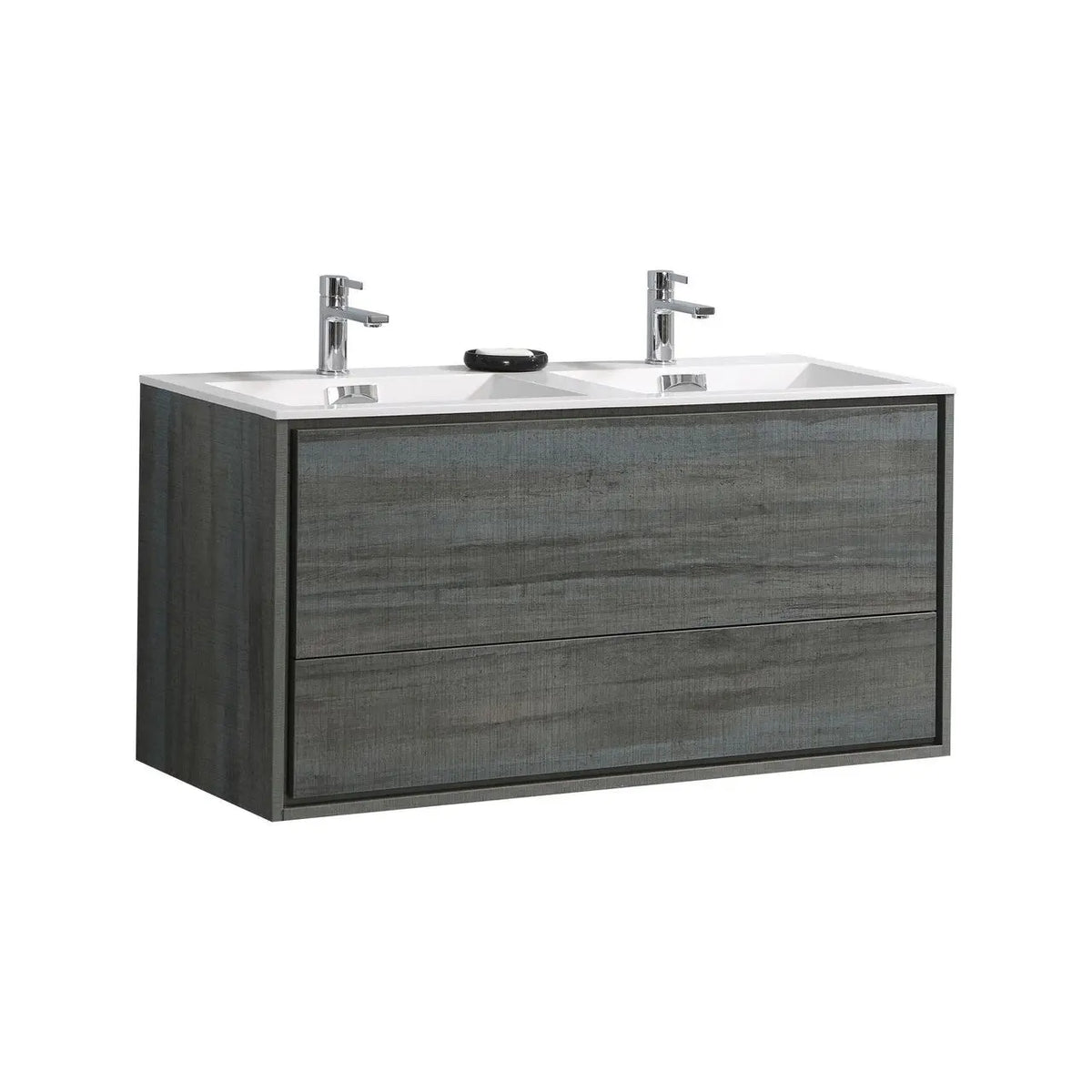 A modern wall-mounted double sink bathroom vanity in ocean gray finish, with integrated sinks and push-open drawers, pre-drilled for a single hole faucet.