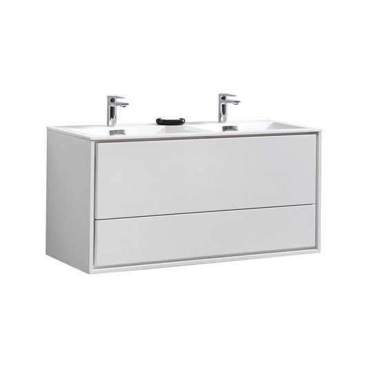 A modern white wall-mounted bathroom vanity with double sinks, two drawers, and European push-open hardware.