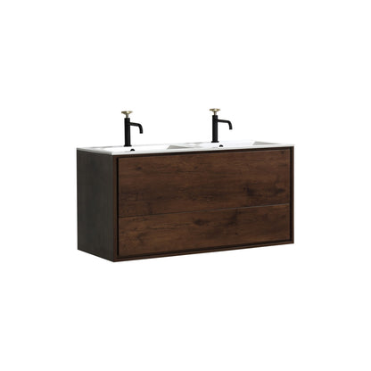 A modern rosewood brown wall-mounted bathroom vanity with double sinks, integrated with acrylic hardware and two functioning drawers.