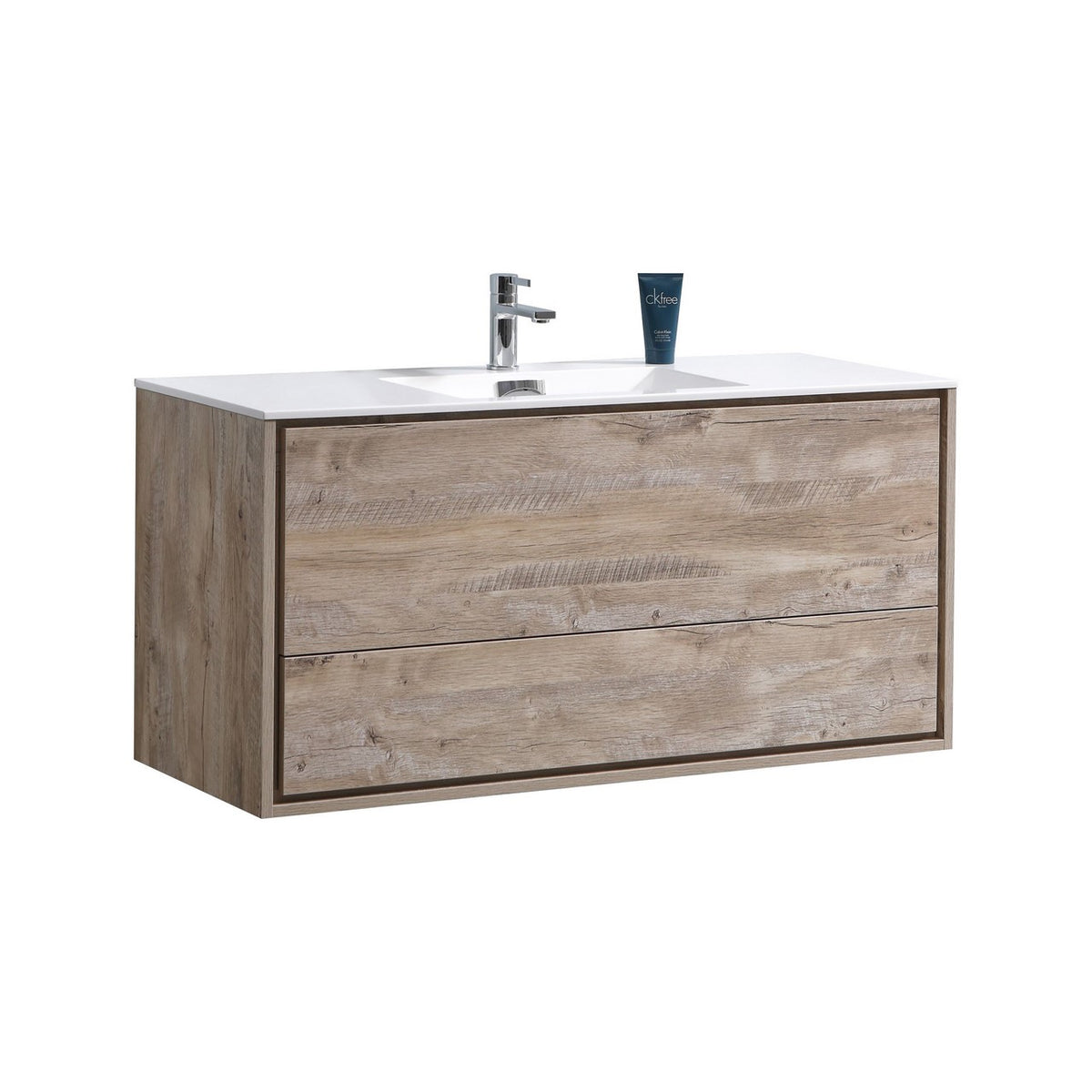 A modern wall-mounted bathroom vanity with a nature wood finish and integrated white acrylic composite sink, featuring two drawers and push-open hardware.
