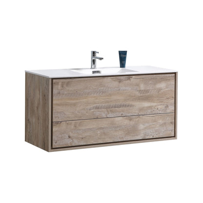 A modern wall-mounted bathroom vanity with a nature wood finish and integrated white acrylic composite sink, featuring two drawers and push-open hardware.