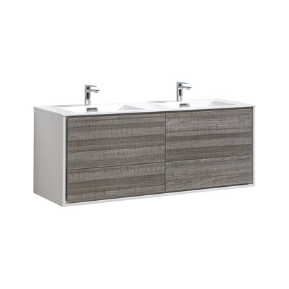 DeLusso 60" Double Sink Ash Gray Wall Mount Modern Bathroom Vanity