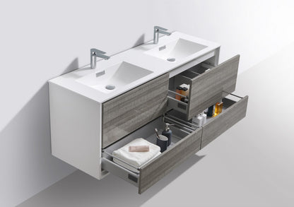 DeLusso 60" Double Sink Ash Gray Wall Mount Modern Bathroom Vanity