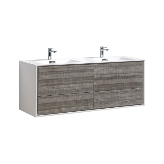 DeLusso 60" Double Sink Wall Mount Modern Bathroom Vanity - Ashgray & White