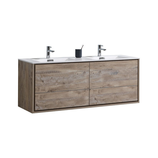 DeLusso 60" Double Sink Nature Wood Wall Mount Modern Bathroom Vanity