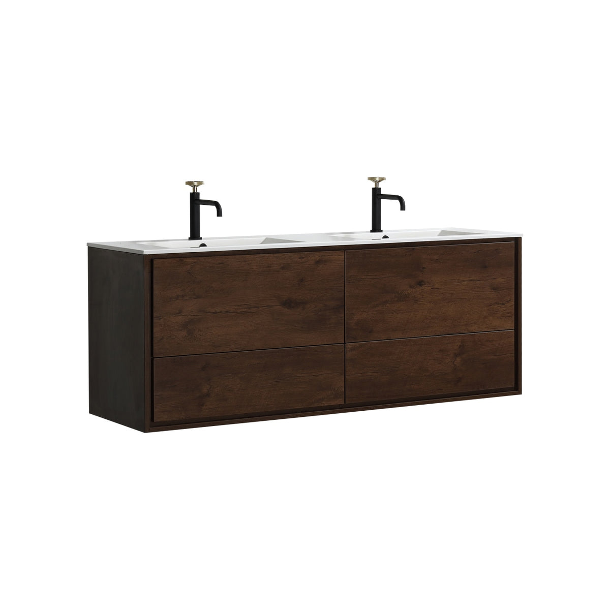 Modern rosewood brown wall mount double sink bathroom vanity with integrated acrylic composite sink and push-open drawers.