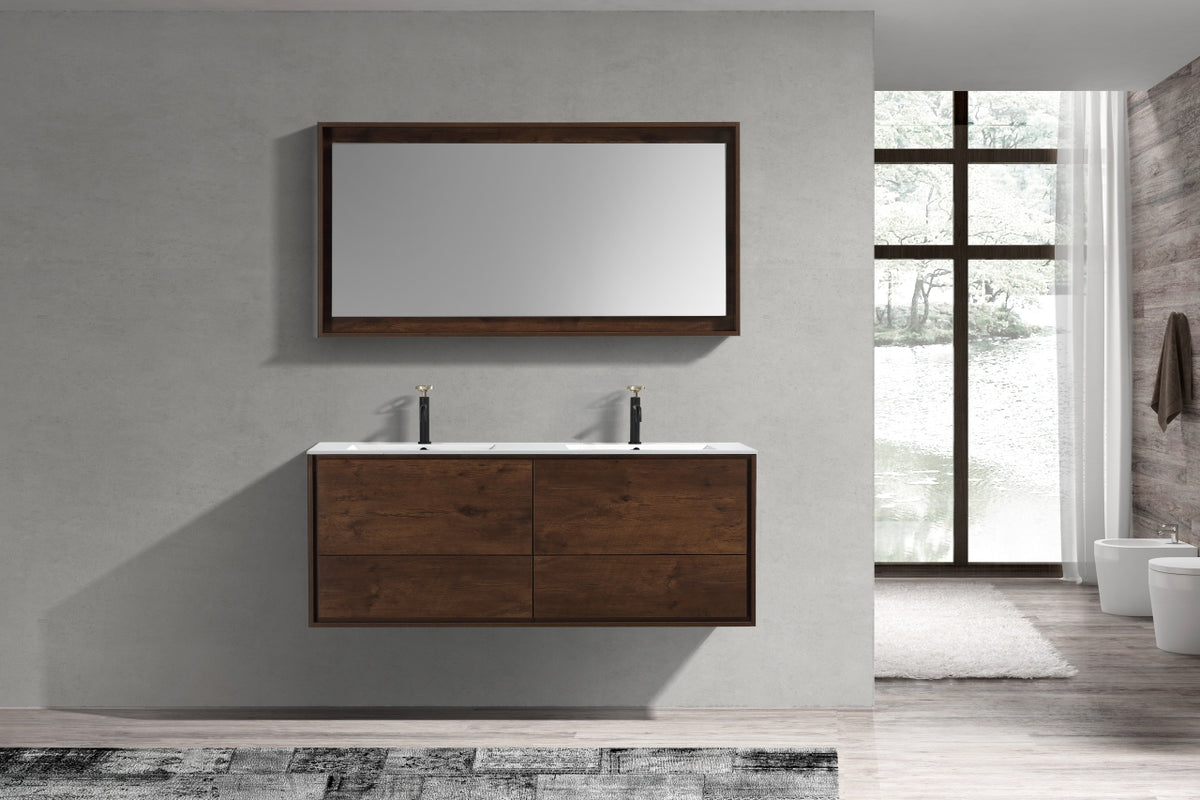 DeLusso 60" Double Sink Rosewood Wall Mount Modern Bathroom Vanity