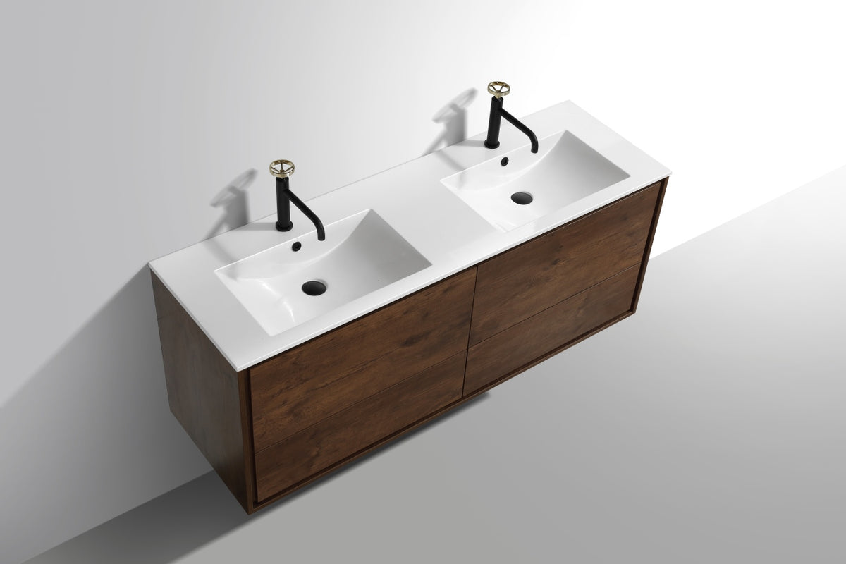 DeLusso 60" Double Sink Rosewood Wall Mount Modern Bathroom Vanity
