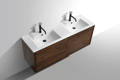 DeLusso 60" Double Sink Rosewood Wall Mount Modern Bathroom Vanity