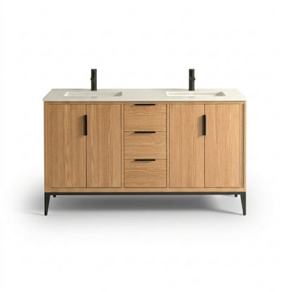 Divani 60" Oakwood Double Sink Bathroom Vanity with Quartz Countertop