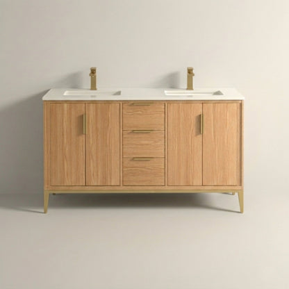 Divani 60" Oakwood Double Sink Bathroom Vanity with Quartz Countertop