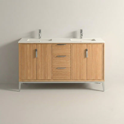 Divani 60" Oakwood Double Sink Bathroom Vanity with Quartz Countertop