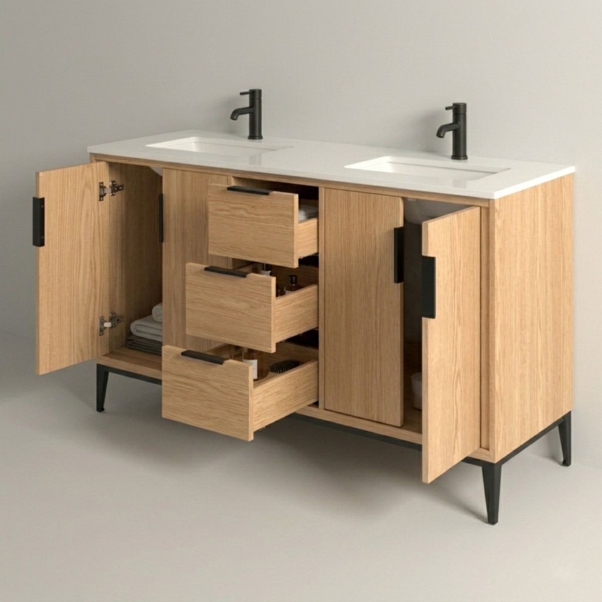 Divani 60" Oakwood Double Sink Bathroom Vanity with Quartz Countertop